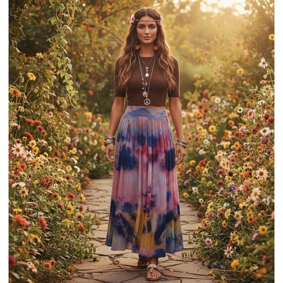 RARE Vintage Free People Hippie Tie Dye Gauzy Flowy Maxi Skirt Coastal Boho Y2K - Picture 16 of 16